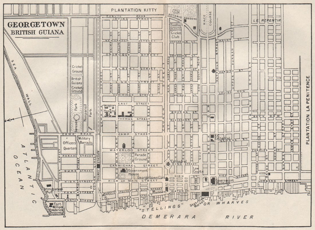 GEORGETOWN. Vintage town map. British Guiana (Guyana) /Guyana. Caribbean 1927 (1 of 1)