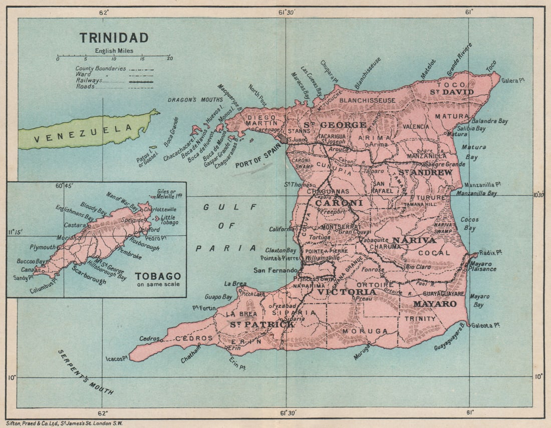 TRINIDAD. Vintage map. West Indies. Caribbean 1927 old vintage plan chart: Title: TRINIDAD. Vintage map. West Indies. Caribbean 1927 old vintage plan chart Description: Trinidad; Inset map of Tobago'. Sifton, Praed & Co. Ltd, St. James's St. London S.W.. Published 1927. Vint