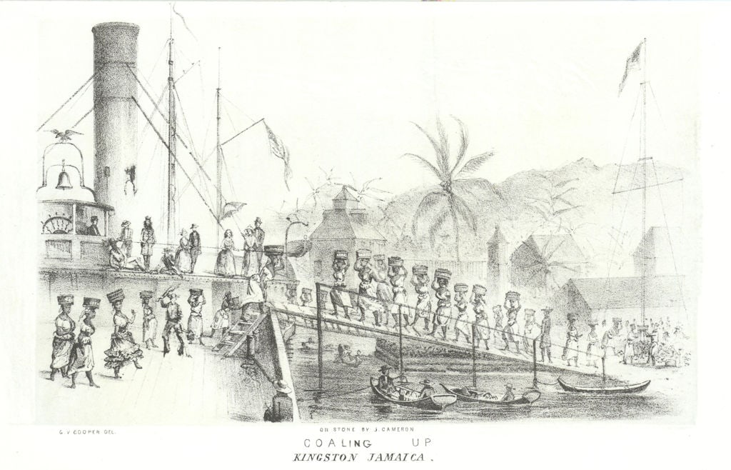 Coaling up - Kingston, Jamaica', lithograph by George Cooper 1853 old print: Title: Coaling up - Kingston, Jamaica', lithograph by George Cooper 1853 old print Description: Coaling up - Kingston, Jamaica'. These prints depict the long and arduous journey from the east coast of