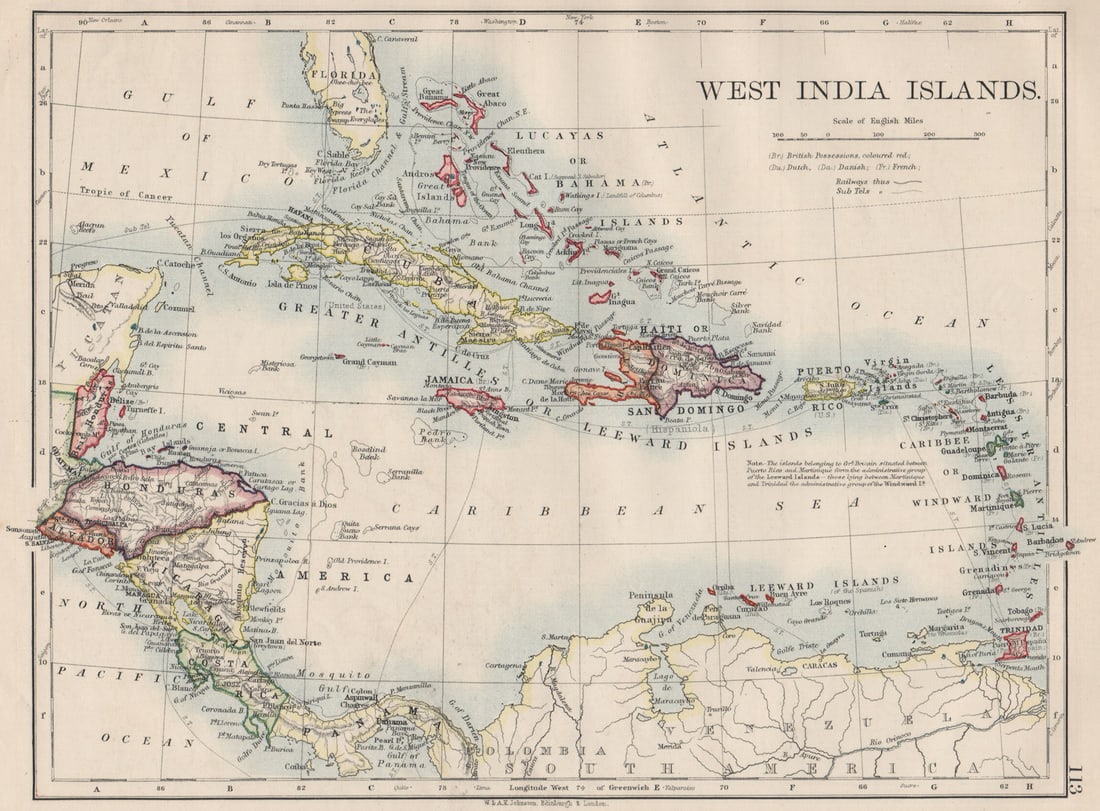 WEST INDIA ISLANDS. Caribbean Lucayas Caribbee Cuba. JOHNSTON 1900 old map (1 of 1)