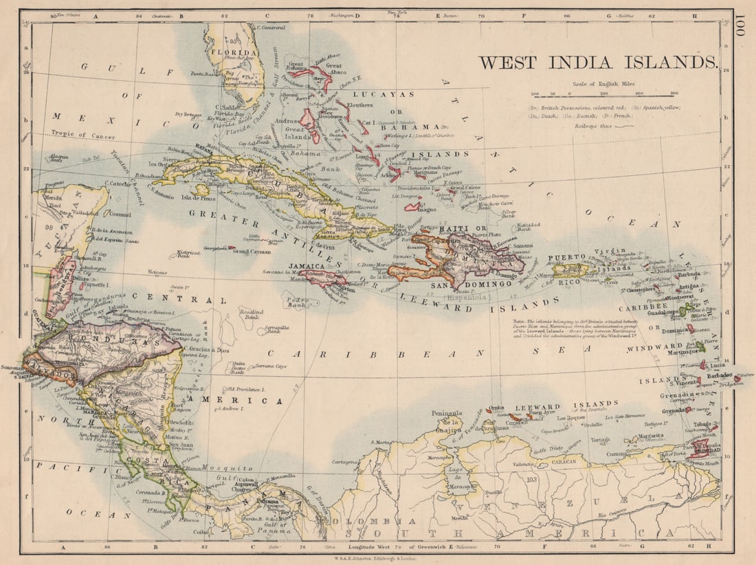 WEST INDIA ISLANDS. Caribbean Lucayas Caribbee Cuba. JOHNSTON 1895 old map: Title: WEST INDIA ISLANDS. Caribbean Lucayas Caribbee Cuba. JOHNSTON 1895 old map Description: West India Islands'. W. & A.K. Johnston, Limited, Edinburgh & London. Published 1895. Antique colour map.