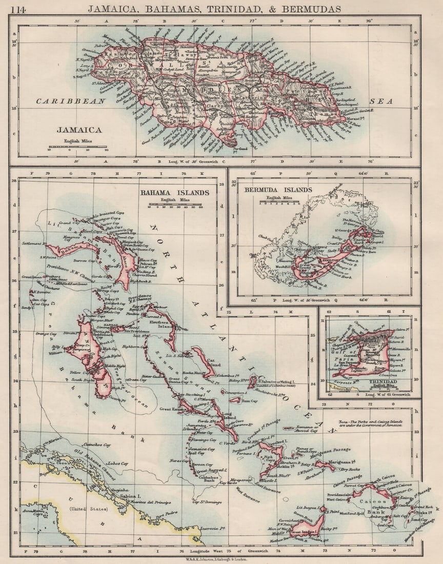 CARIBBEAN/ATLANTIC ISLANDS.Jamaica Bermuda Bahamas Trinidad. JOHNSTON 1900 map (1 of 1)