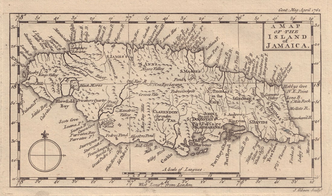 A Map of the Island of Jamaica by John Gibson. Gentleman's Magazine 1762 (1 of 1)