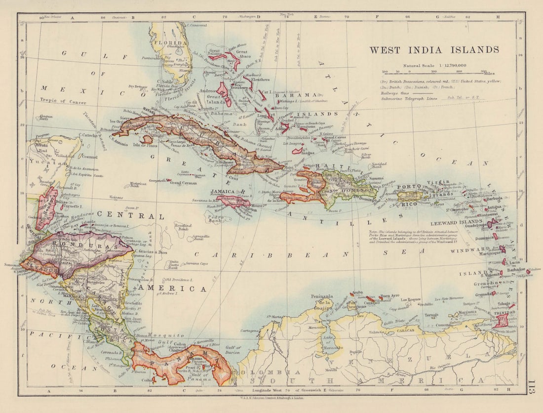 WEST INDIA ISLANDS. Caribbean Bahamas Windward/Leeward Is. JOHNSTON 1910 map (1 of 1)