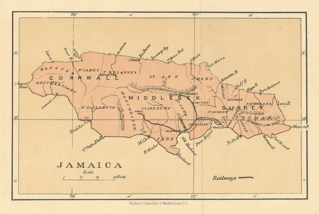 Jamaica. Counties, parishes & railways. WASHINGTON EVES 1889 old antique map (1 of 1)