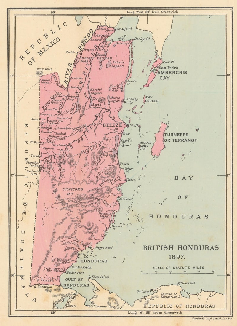 British Honduras. Belize. STANFORD / WASHINGTON EVES 1897 old antique map (1 of 1)