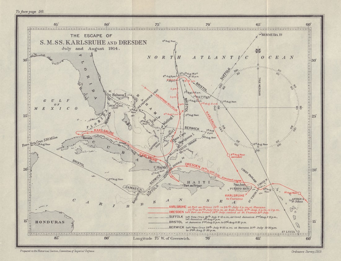 Escape of SMSS Karlsruhe & Dresden July-August 1914. Caribbean WW1. 1920 map (1 of 1)