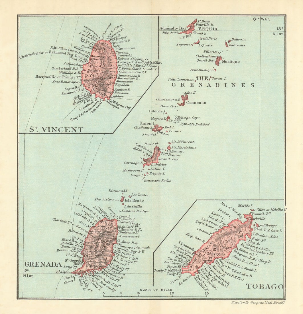 GRENADINES. Grenada & St Vincent. Also Tobago. West Indies vintage map 1910 (1 of 1)