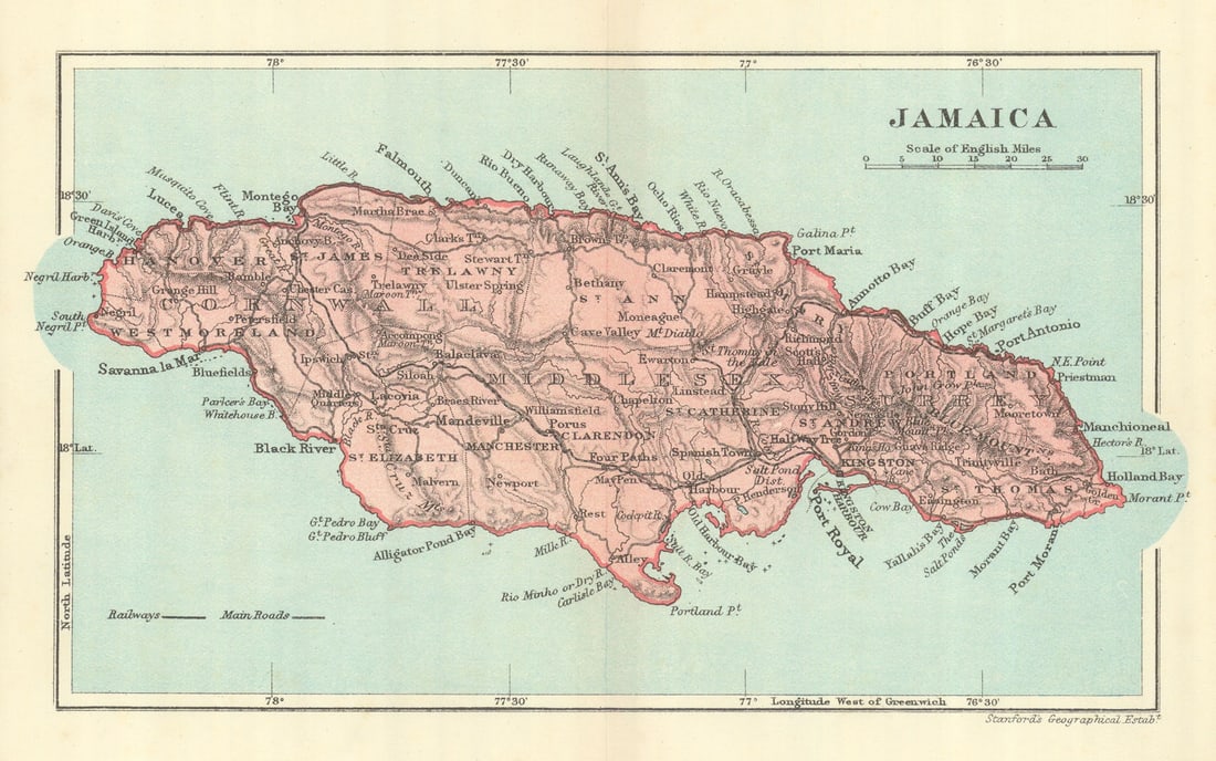 JAMAICA. Vintage map. West Indies. Caribbean 1910 old antique plan chart: Title: JAMAICA. Vintage map. West Indies. Caribbean 1910 old antique plan chart Description: Jamaica'. Stanford's Geographical Establishment. Published 1910. Vintage colour map. Size 12 x 19 cm | 4.5