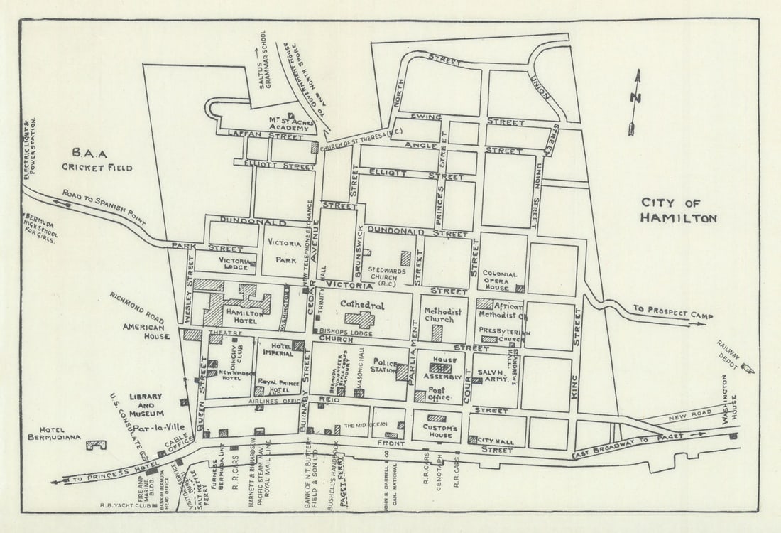 Hamilton, Bermuda town / city plan by John Bushell 1938 old vintage map chart (1 of 1)