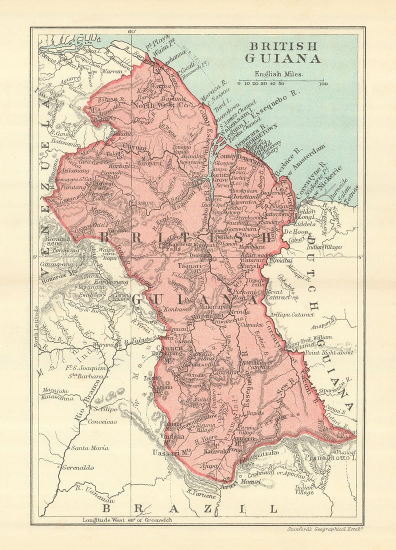 BRITISH GUIANA (GUYANA) . Vintage map. Guyana. Caribbean 1910 old antique (1 of 1)