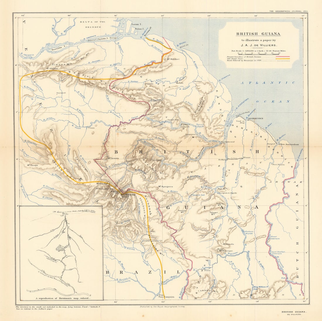 British Guiana. Boundary. Old Dutch claim. Horstman route. Guyana. RGS 1911 map: Title: British Guiana. Boundary. Old Dutch claim. Horstman route. Guyana. RGS 1911 map Description: British Guiana, to illustrate a paper by J. A. J. de Villiers. Present boundary of British Guiana. O