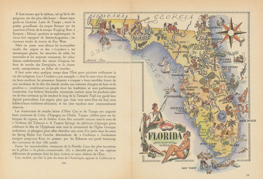 Florida small state map by Jacques Liozu 1946 old vintage plan chart (1 of 1)