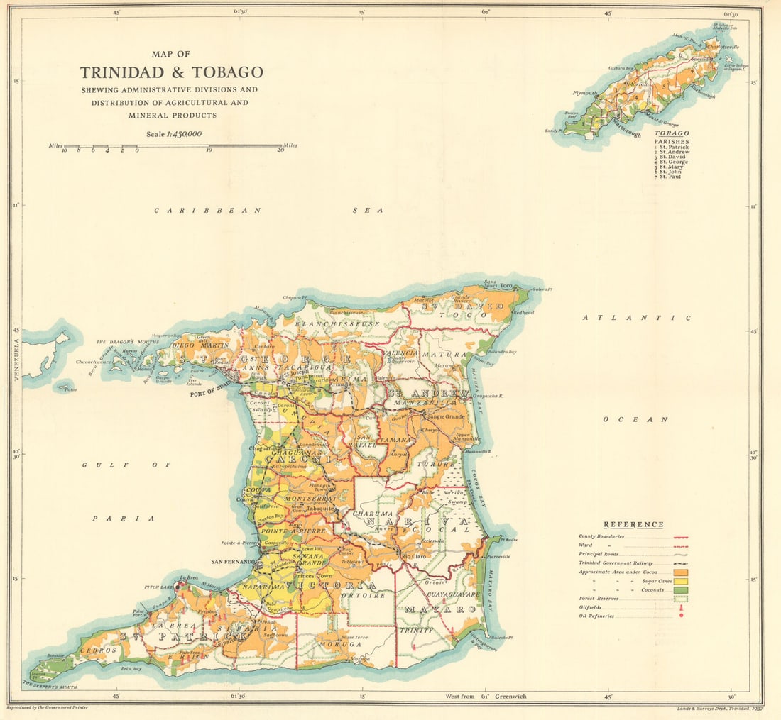 Trinidad & Tobago. Cocoa, sugar cane & coconut plantations. Oil fields 1938 map: Title: Trinidad & Tobago. Cocoa, sugar cane & coconut plantations. Oil fields 1938 map Description: Map of Trinidad & Tobago shewing the administrative divisions and distribuition of agricultural