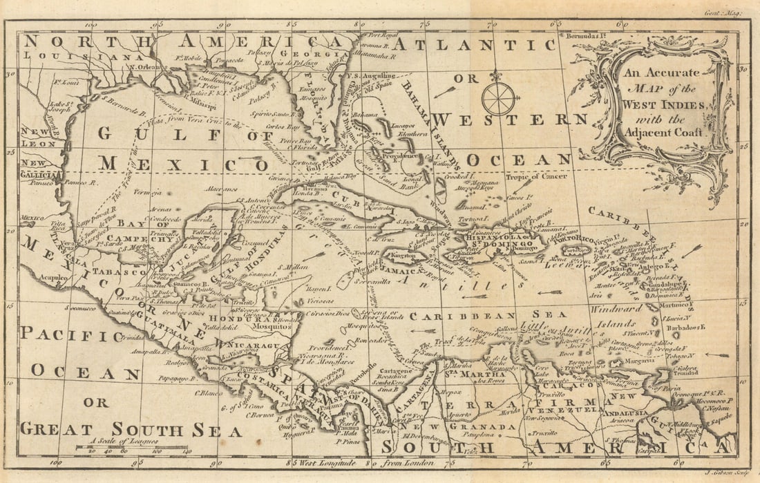 An Accurate Map of the West Indies with the Adjacent Coast. GIBSON 1762 (1 of 1)