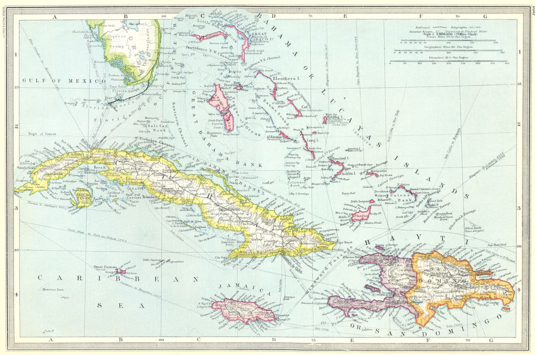 WEST INDIES. Greater Antilles. Cuba Hispaniola Bahamas 1907 old antique map (1 of 1)