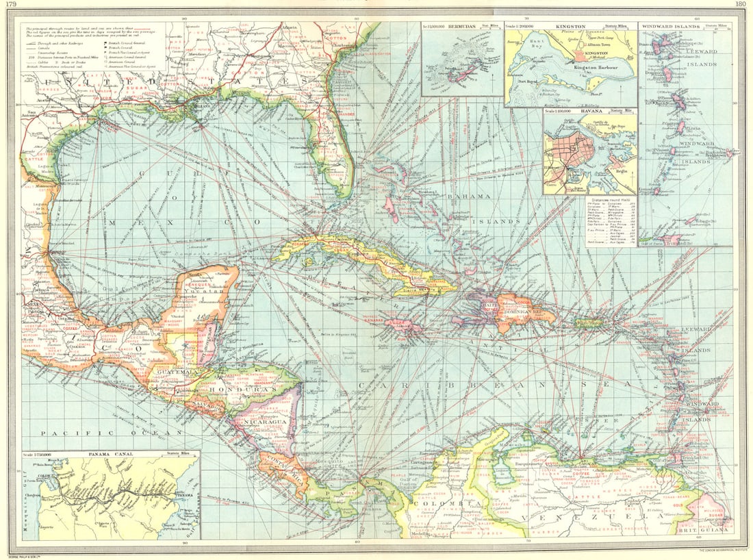 CARIBBEAN CENTRAL AMERICA. Industry & Comms; Panama Canal; Bermuda 1907 map: Title: CARIBBEAN CENTRAL AMERICA. Industry & Comms; Panama Canal; Bermuda 1907 map Description: West Indies and Central America : Industries and Communications; Inset maps of Panama Canal; Bermudas; K