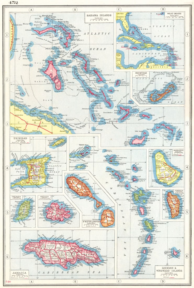 BRITISH WEST INDIES.Bahamas Bermuda Trinidad Antigua Jamaica Barbados+ 1920 map: Title: BRITISH WEST INDIES.Bahamas Bermuda Trinidad Antigua Jamaica Barbados+ 1920 map Description: Bahama Islands; Inset map of West Indies; Bermudas; Trinidad; Grenada; Antigua; St. Kitts & Nevi