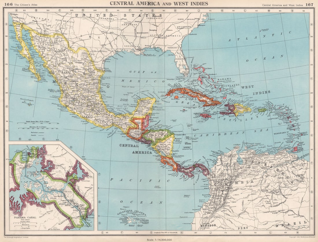 CARIBBEAN/CENTRAL AMERICA. Inset Panama Canal Zone. BARTHOLOMEW 1952 old map (1 of 1)