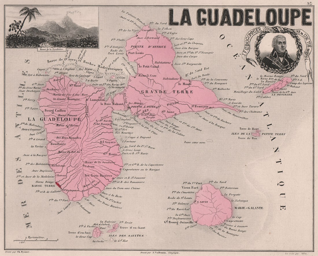 GUADELOUPE & MARIE-GALANTE. Soufrière. Dugommier. Antilles. VUILLEMIN 1879 map: Title: GUADELOUPE & MARIE-GALANTE. Soufrière. Dugommier. Antilles. VUILLEMIN 1879 map Description: La Guadeloupe'. The vignettes depict views of the following places: Morne de la Soufrière;