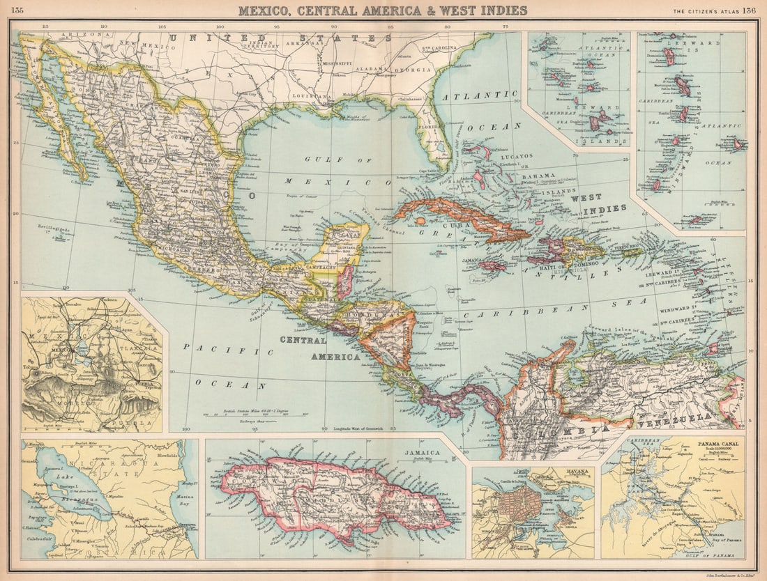 MEXICO CENTRAL AMERICA WEST INDIES. Panama & Proposed Nicaragua canals 1912 map: Title: MEXICO CENTRAL AMERICA WEST INDIES. Panama & Proposed Nicaragua canals 1912 map Description: Mexico, Central America & West Indies; Inset maps of Leeward & Windward Islands; Mexico; Mat