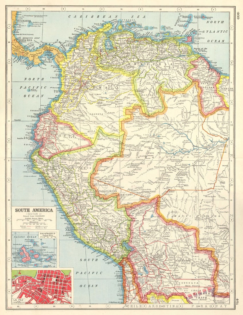 ANDEAN STATES. Colombia Venezuela Ecuador Peru Bolivia. La Paz plan 1920 map: Title: ANDEAN STATES. Colombia Venezuela Ecuador Peru Bolivia. La Paz plan 1920 map Description: South America ( Section I ); Inset map of Galapagos ls.; La Paz' by Harmsworth. Published 1920. Vintage