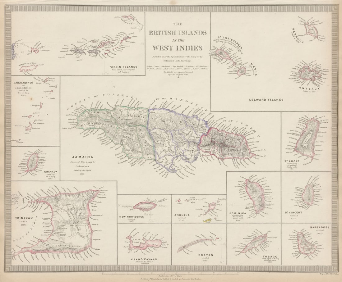 BRITISH WEST INDIES Jamaica Trindad Antilles Virgin Cayman Islands SDUK 1844 map (1 of 1)