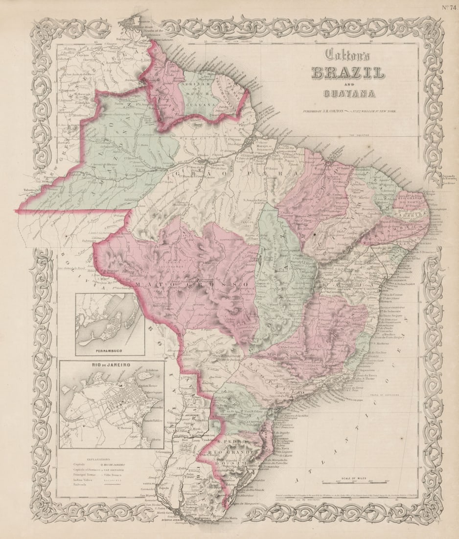 Colton's Brazil & Guayana. Rio de Janeiro plan. Guyanas. Antique map 1863: Title: "Colton's Brazil & Guayana". Rio de Janeiro plan. Guyanas. Antique map 1863 Description: Colton's Brazil and Guayana' by Colton, Joseph Hutchins. Published 1863. Antique engraved hand coloured