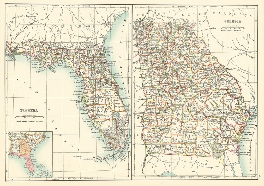 Georgia and Florida state maps showing counties. BARTHOLOMEW 1898 old: Title: Georgia and Florida state maps showing counties. BARTHOLOMEW 1898 old Description: Georgia and Florida' by Bartholomew, John. Published 1898. Antique atlas map. Size 28 x 40 cm | 11.0 x 15.5 in