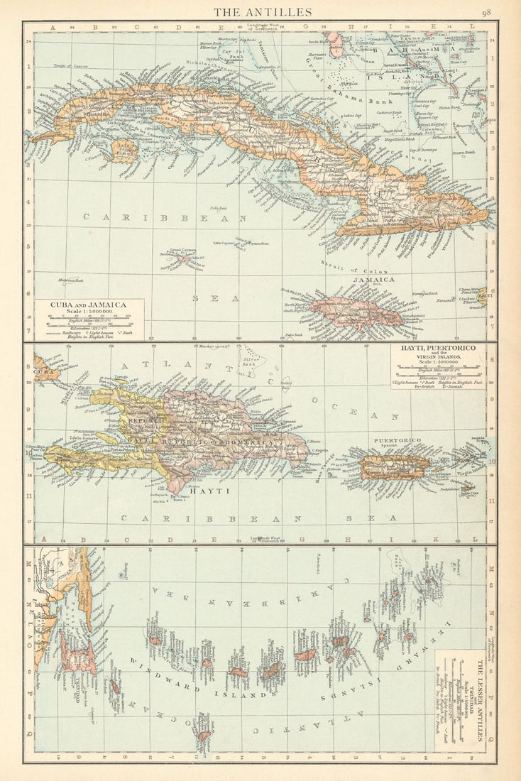 Antilles. West Indies Cuba Jamaica Hispaniola Caribbean islands TIMES 1895 map: Title: Antilles. West Indies Cuba Jamaica Hispaniola Caribbean islands TIMES 1895 map Description: Antilles' by Times, The. Published 1895. Antique colour atlas map. Size 39 x 26 cm | 15.0 x 10.0