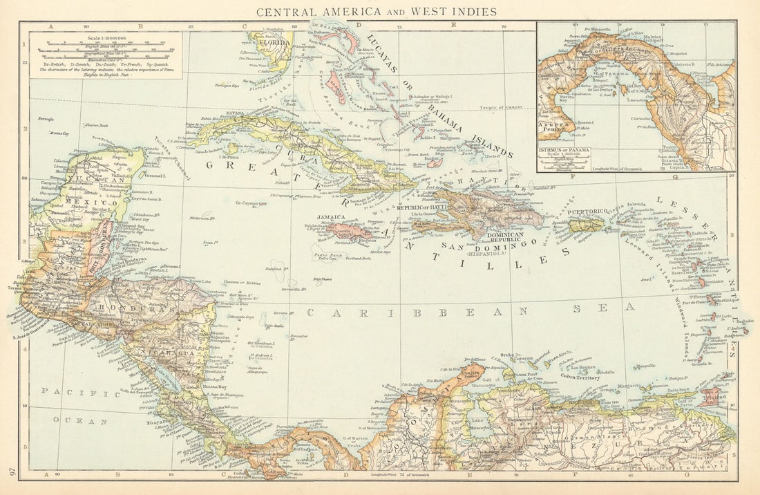 Central America & West Indies. Caribbean. Panama. TIMES 1895 old antique map (1 of 1)