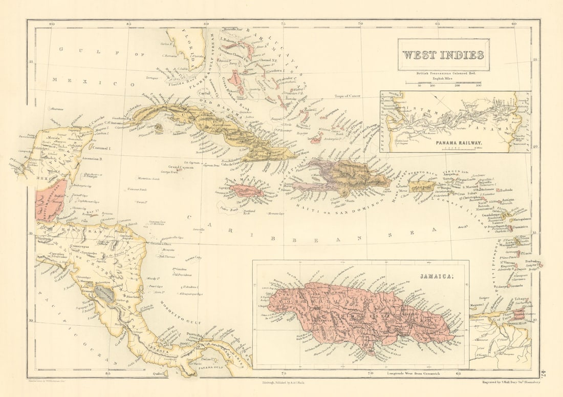 West Indies. Inset Panama Railway & Jamaica. Caribbean. SIDNEY HALL 1862 map: Title: West Indies. Inset Panama Railway & Jamaica. Caribbean. SIDNEY HALL 1862 map Description: West Indies // Panama Railway // Jamaica' by Hall, Sidney. Published 1862. Antique coloured atlas map.