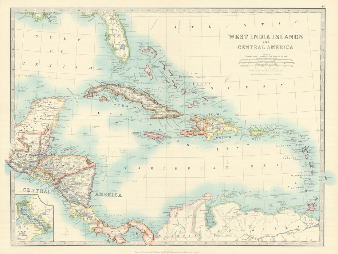 WEST INDIES/CARIBBEAN. Panama canal. Danish Virgin Islands. JOHNSTON 1913 map: Title: WEST INDIES/CARIBBEAN. Panama canal. Danish Virgin Islands. JOHNSTON 1913 map Description: West India Islands and Central America // Panama Canal'. W. & A.K. Johnston, Limited, Edinburgh &
