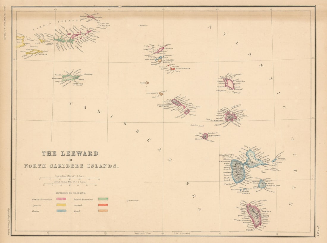 Leeward or North Caribbean Islands. Virgin Is. Antigua St. Kitts. LOWRY 1860 map: Title: Leeward or North Caribbean Islands. Virgin Is. Antigua St. Kitts. LOWRY 1860 map Description: The Leeward or North Caribbean Islands'. The map includes the Virgin Islands, Anguilla, St.