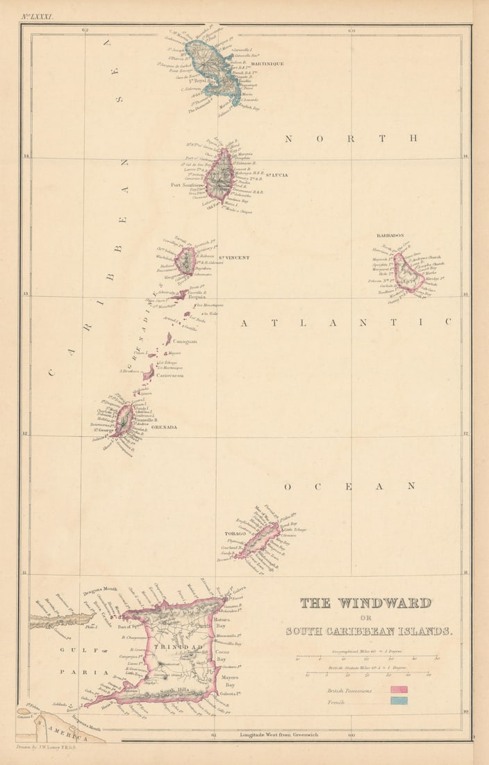 Windward or South Caribbean Islands. Barbados St. Lucia Trinidad. LOWRY 1860 map: Title: Windward or South Caribbean Islands. Barbados St. Lucia Trinidad. LOWRY 1860 map Description: The Windward or South Caribbean Islands'. The map includes Trinidad and Tobago, Grenada, St