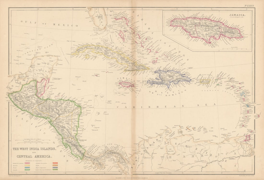 The West Indies and Central America. Jamaica & Caribbean. LOWRY 1860 old map: Title: The West Indies and Central America. Jamaica & Caribbean. LOWRY 1860 old map Description: The West Indies and Central America [Showing the Colonies in possession of the various European Powers;