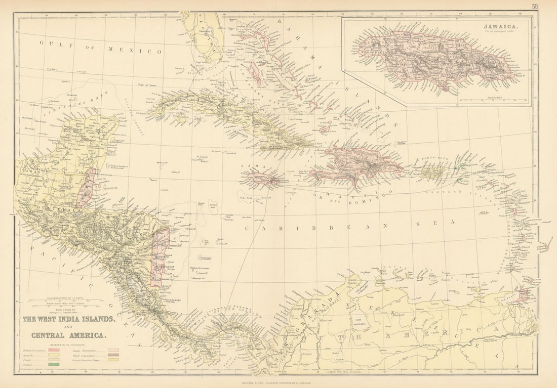 COLONIAL CARIBBEAN. West Indies. Danish Virgin Islands.Telegraph cables 1886 map: Title: COLONIAL CARIBBEAN. West Indies. Danish Virgin Islands.Telegraph cables 1886 map Description: The West India Islands, and Central America; Inset map of Jamaica' by Blackie & Son. Published 1886