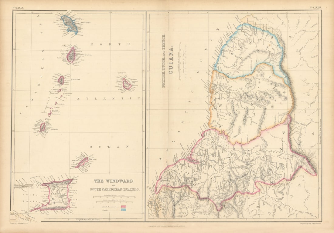 Windward or South Caribbean Islands. Barbados St. Lucia. Guianas. LOWRY 1859 map: Title: Windward or South Caribbean Islands. Barbados St. Lucia. Guianas. LOWRY 1859 map Description: The Windward or South Caribbean Islands // British, Dutch, and French Guiana'. The map of the Windw