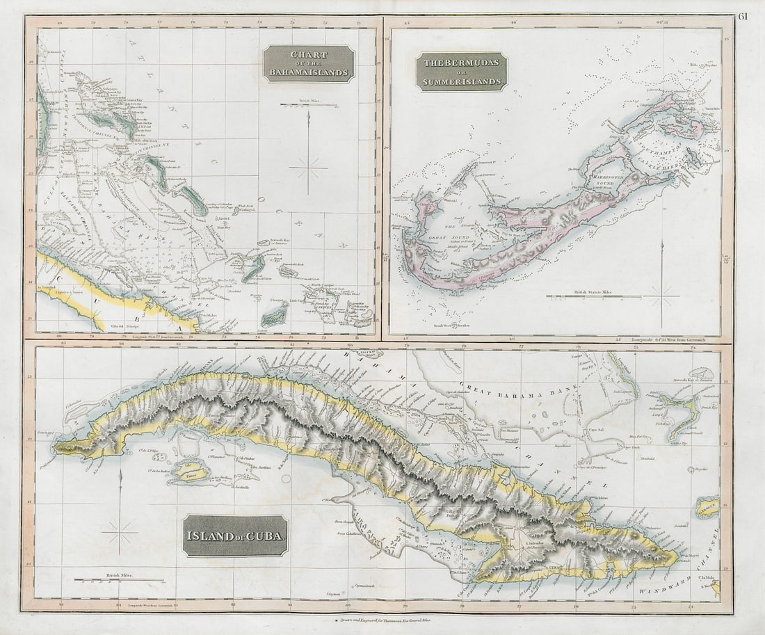 Cuba, the Bahamas & Bermuda "or Summer Islands". Turks & Caicos THOMSON 1830 map: Title: Cuba, the Bahamas & Bermuda "or Summer Islands". Turks & Caicos THOMSON 1830 map Description: Chart of the Bahama Islands // The Bermudas or Summer Islands // Island of Cuba'. Drawn & engraved