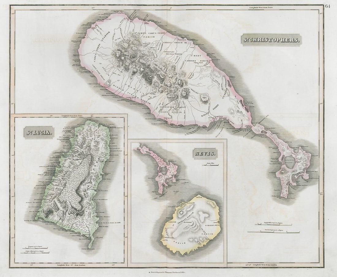 St Christophers, Nevis & St Lucia. St Kitts. West Indies. THOMSON 1830 old map: Title: St Christophers, Nevis & St Lucia. St Kitts. West Indies. THOMSON 1830 old map Description: St Christophers // Nevis // St Lucia'. A map of the British West Indian islands of St Kitts and