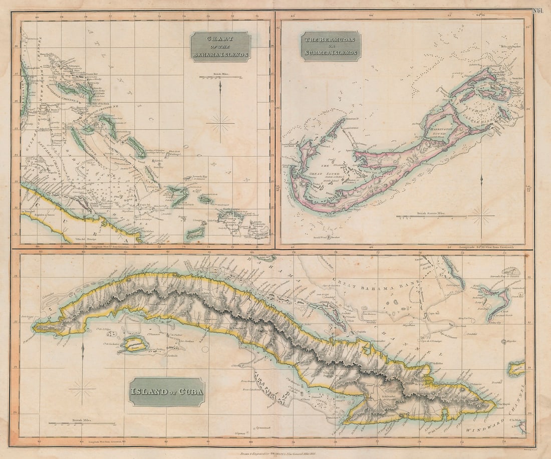The Bahamas, Cuba & Bermuda "or Summer Islands". THOMSON 1817 old antique map: Title: The Bahamas, Cuba & Bermuda "or Summer Islands". THOMSON 1817 old antique map Description: Chart of the Bahama Islands. The Bermudas or Summer Islands. Island of Cuba'. Drawn & engraved by Samu