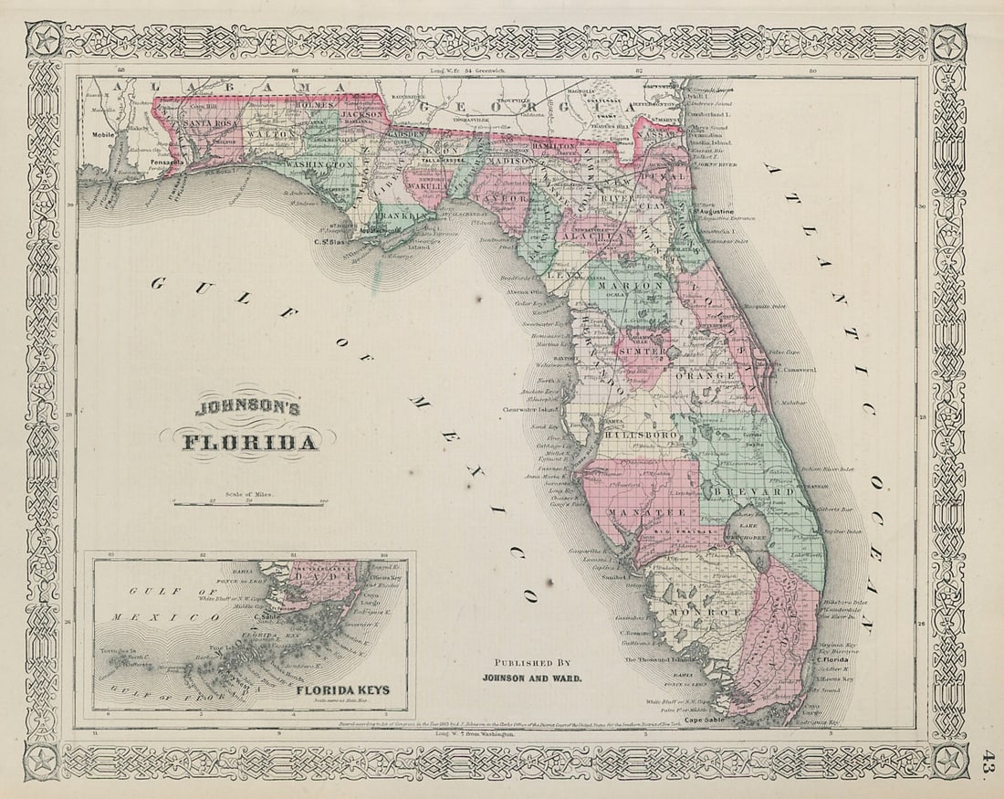 Johnson's Florida. Florida Keys. US state map showing counties 1865 old (1 of 1)