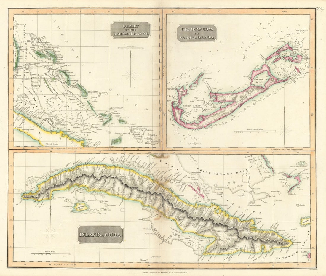 Cuba, the Bahamas & Bermuda "or Summer Islands". THOMSON 1817 old antique map: Title: Cuba, the Bahamas & Bermuda "or Summer Islands". THOMSON 1817 old antique map Description: Chart of the Bahama Islands. The Bermudas or Summer Islands. Island of Cuba'. Drawn & engraved by Samu