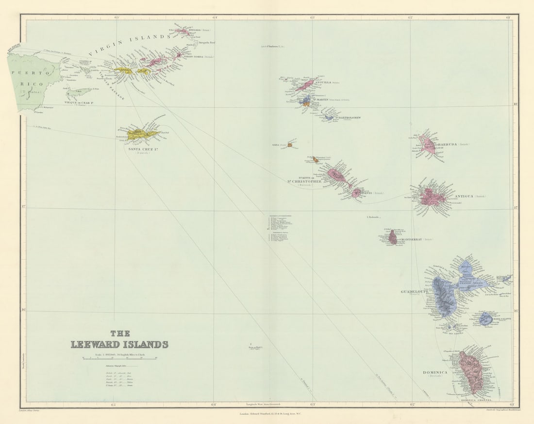 Leeward Islands. West Indies Virgin Antigua Dominica St. Kitts STANFORD 1904 map: Title: Leeward Islands. West Indies Virgin Antigua Dominica St. Kitts STANFORD 1904 map Description: The Leeward Islands'. Stanford's Geographical Establishment. Published 1904. Large (folio) antique