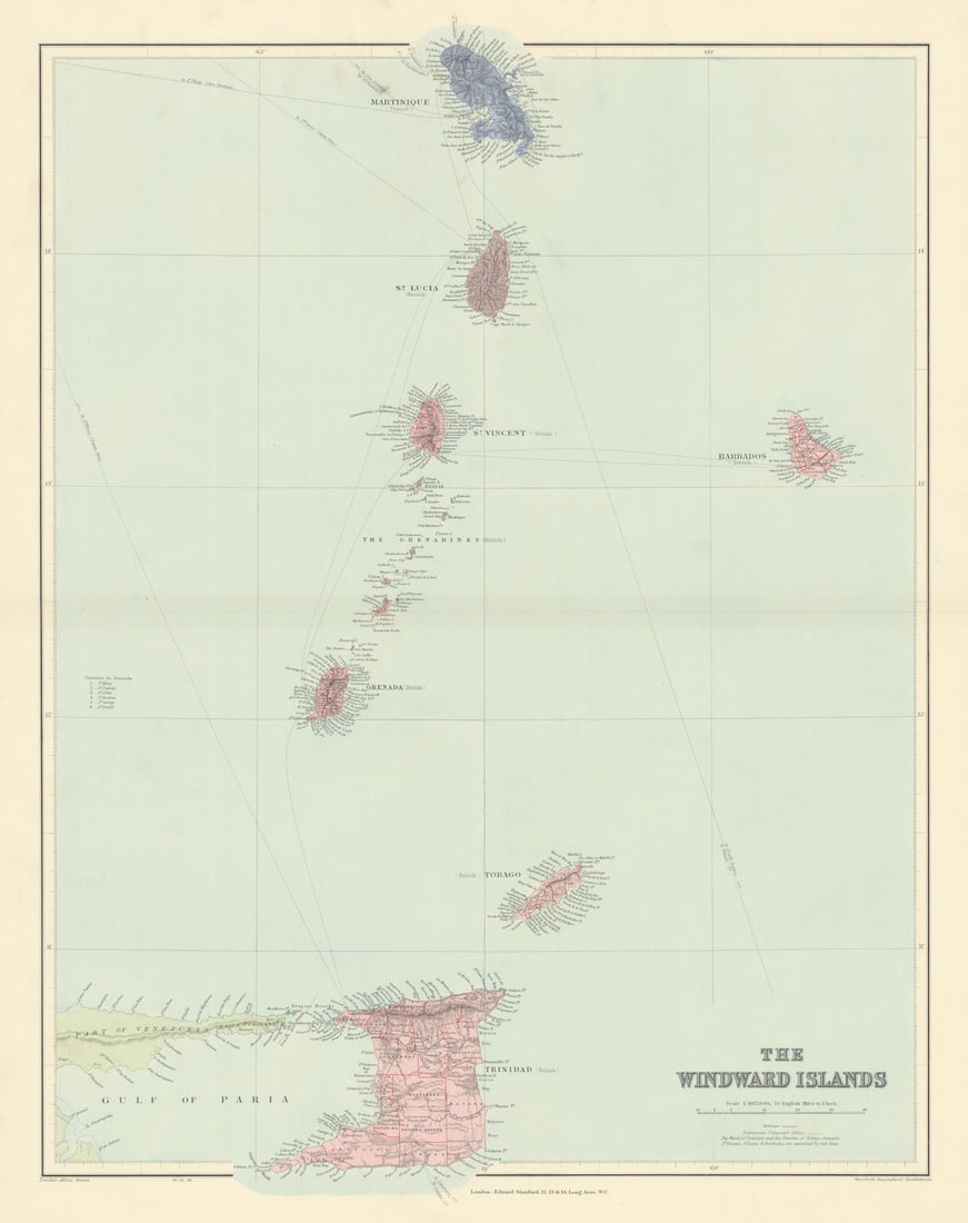 Windward Islands. Trinidad Barbados St. Lucia Grenadines. STANFORD 1904 map: Title: Windward Islands. Trinidad Barbados St. Lucia Grenadines. STANFORD 1904 map Description: The Windward Islands'. Stanford's Geographical Establishment. Published 1904. Large (folio) antique atla