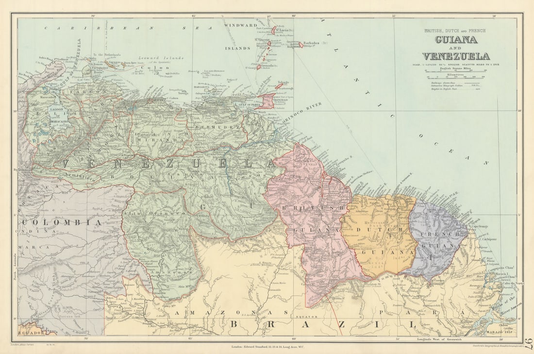 Venezuela. British, Dutch & French Guiana. Guyana. Suriname. STANFORD 1904 map (1 of 1)