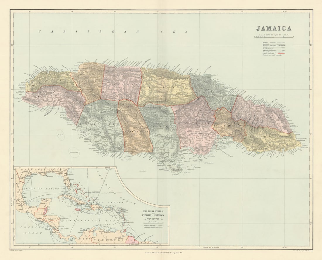 Jamaica, in parishes. West Indies telegraph cables. 51x63cm. STANFORD 1904 map: Title: Jamaica, in parishes. West Indies telegraph cables. 51x63cm. STANFORD 1904 map Description: Jamaica'. Stanford's Geographical Establishment. Published 1904. Large (folio) antique atlas map. Siz