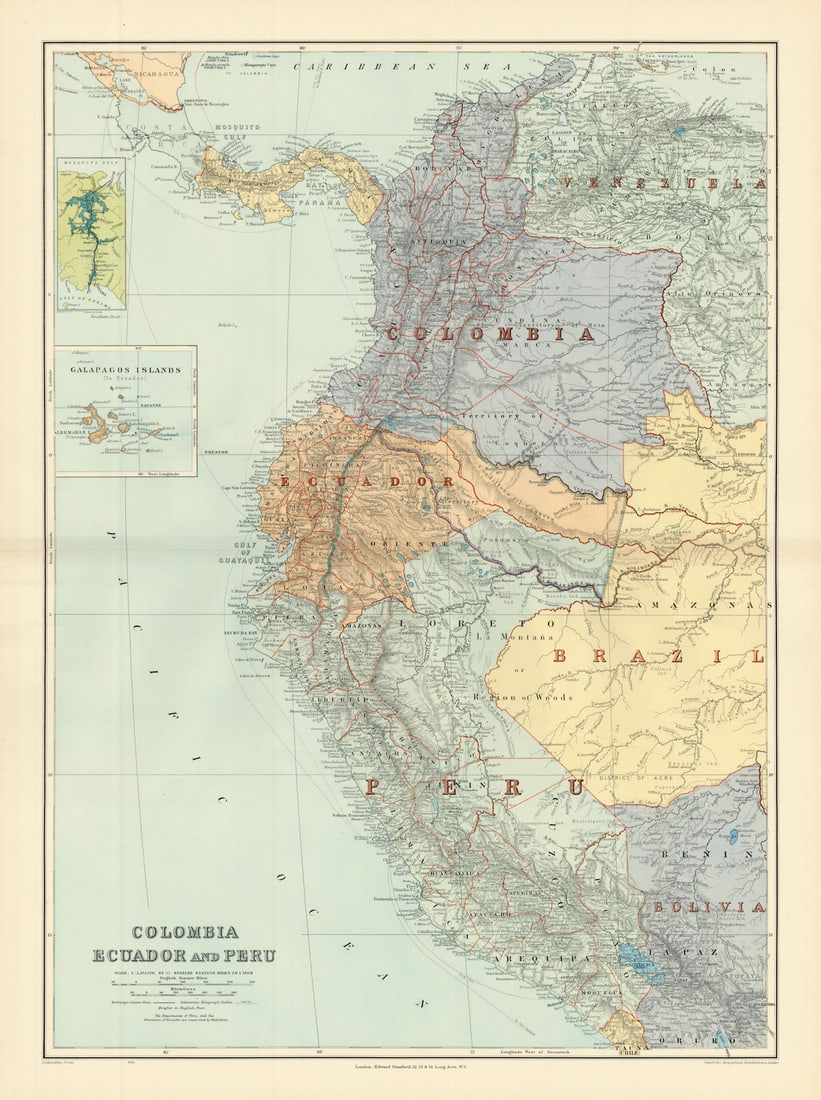 Colombia, Ecuador & Peru. Andean States. Panama canal. 71x52cm STANFORD 1904 map (1 of 1)