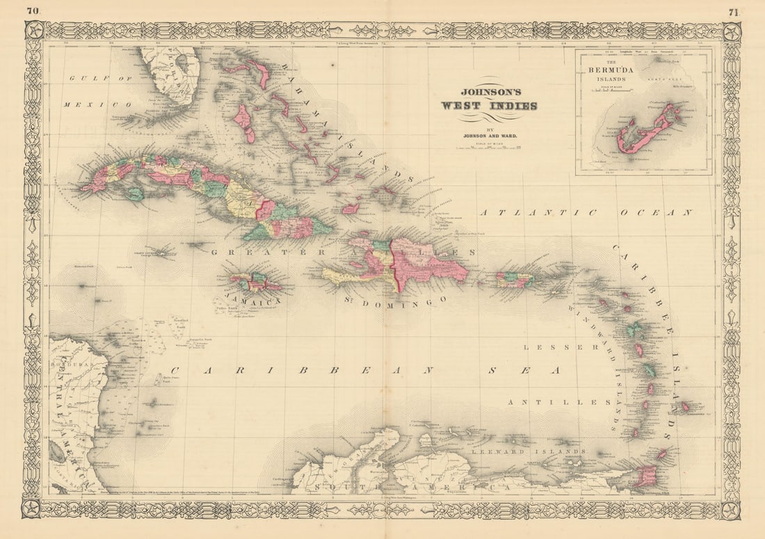 Johnson's West Indies. Bermuda Islands. Caribbean Bahamas Antilles 1866 map (1 of 1)