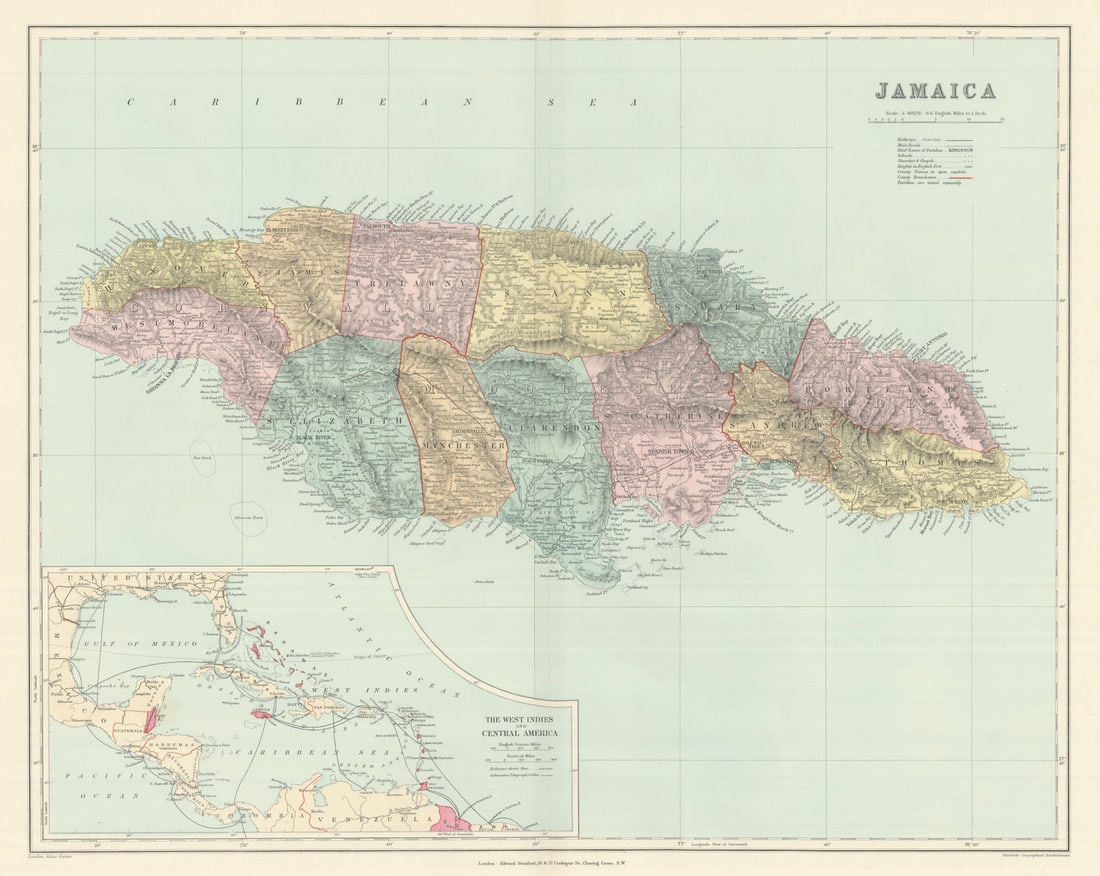 Jamaica, in parishes. West Indies telegraph cables. 51x63cm. STANFORD 1894 map (1 of 1)